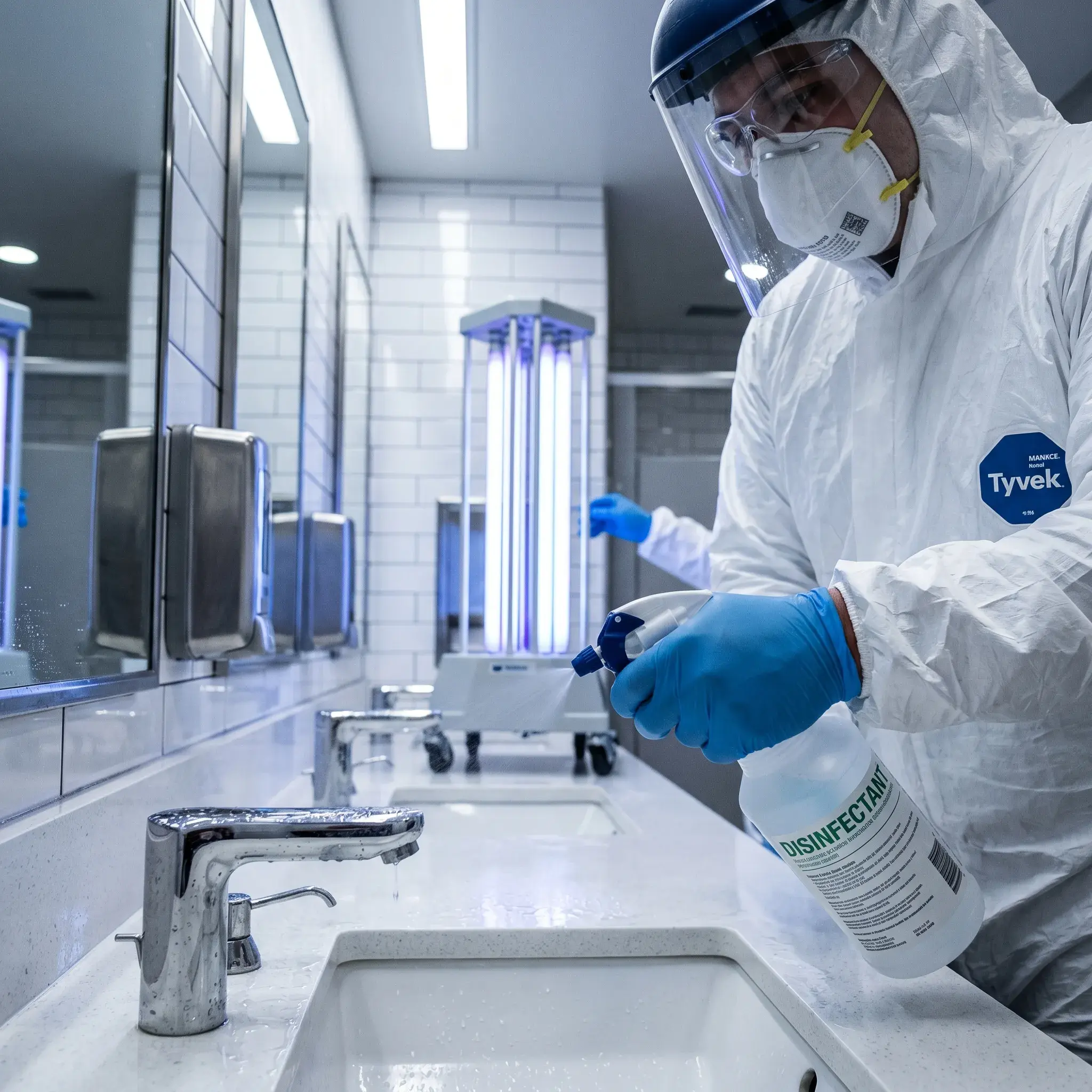 Professional cleaner in PPE applying disinfectant spray during bathroom sanitization.