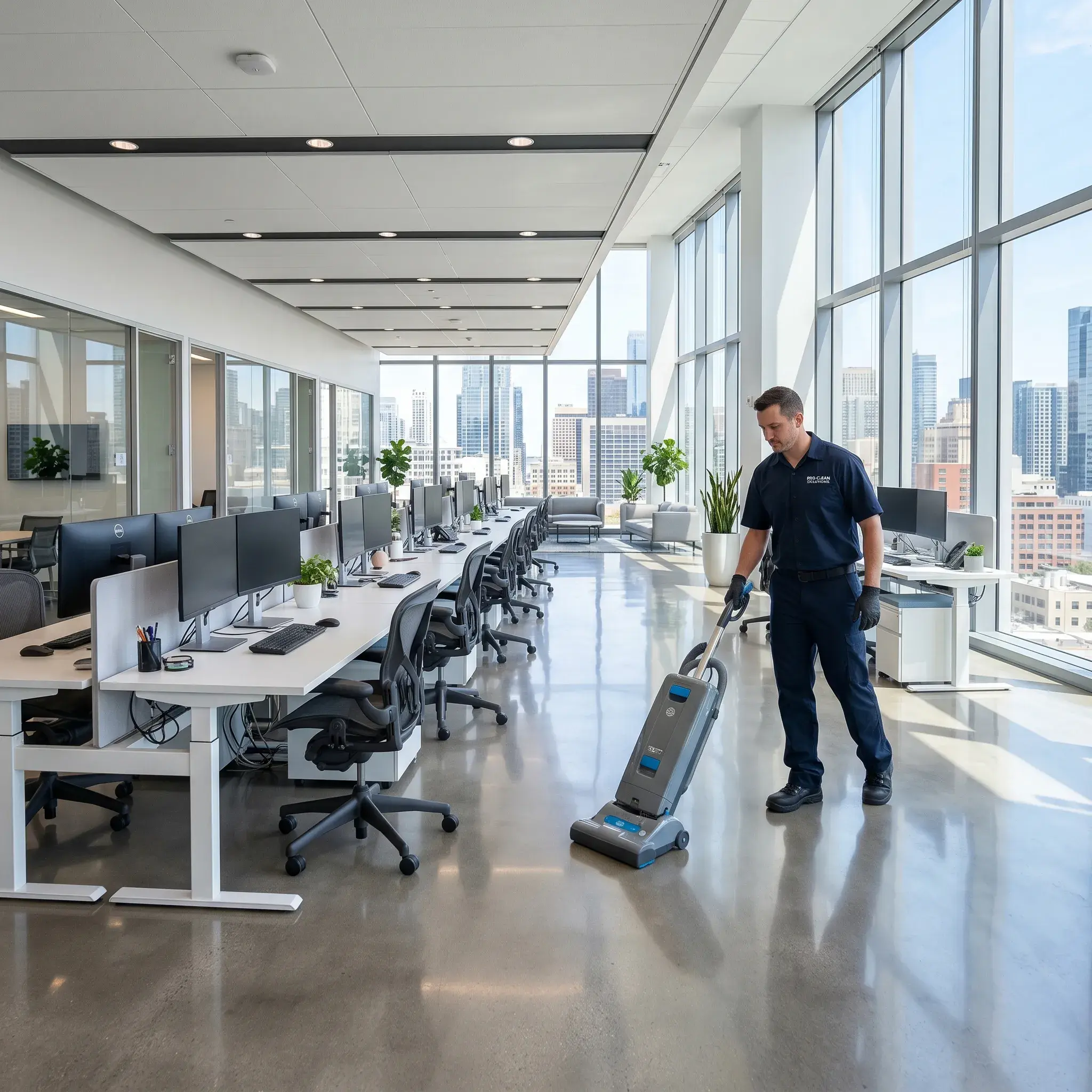 Professional cleaner vacuuming a bright open-plan office.