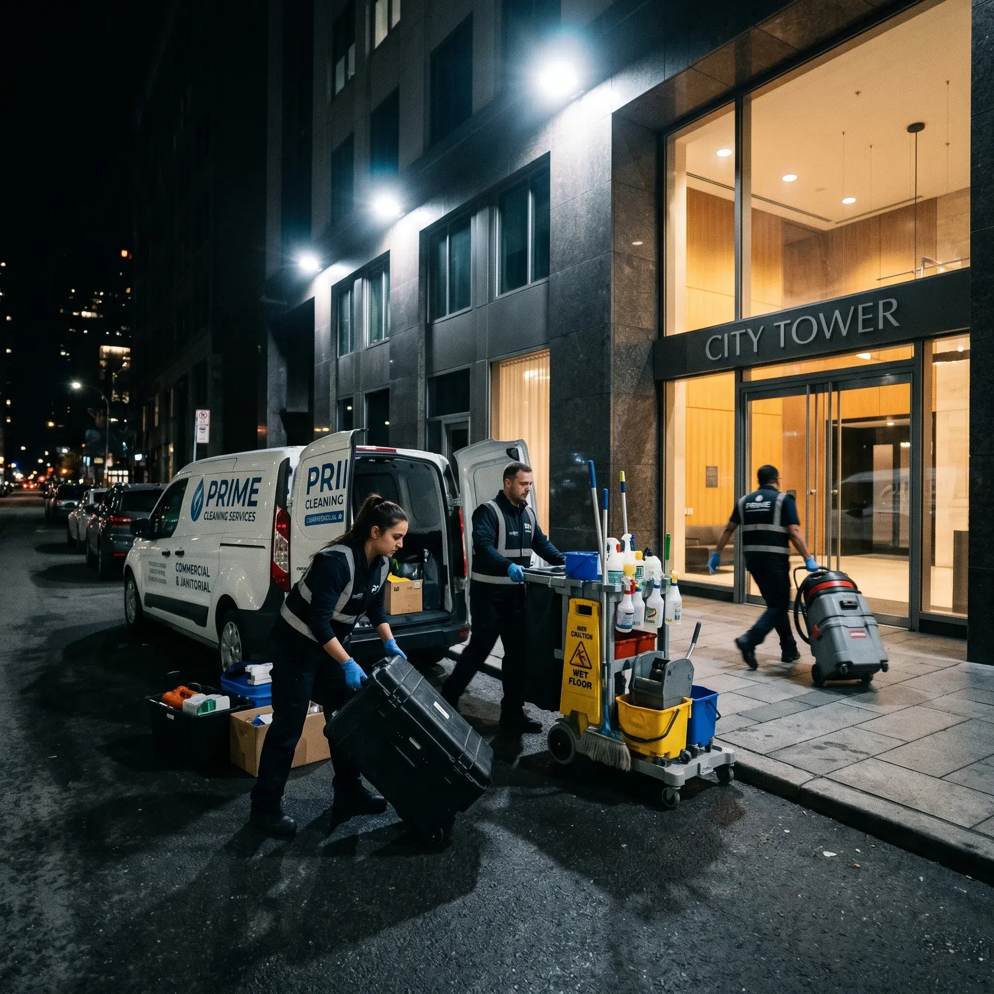 Professional cleaning crew arriving at a building at night with emergency response equipment.