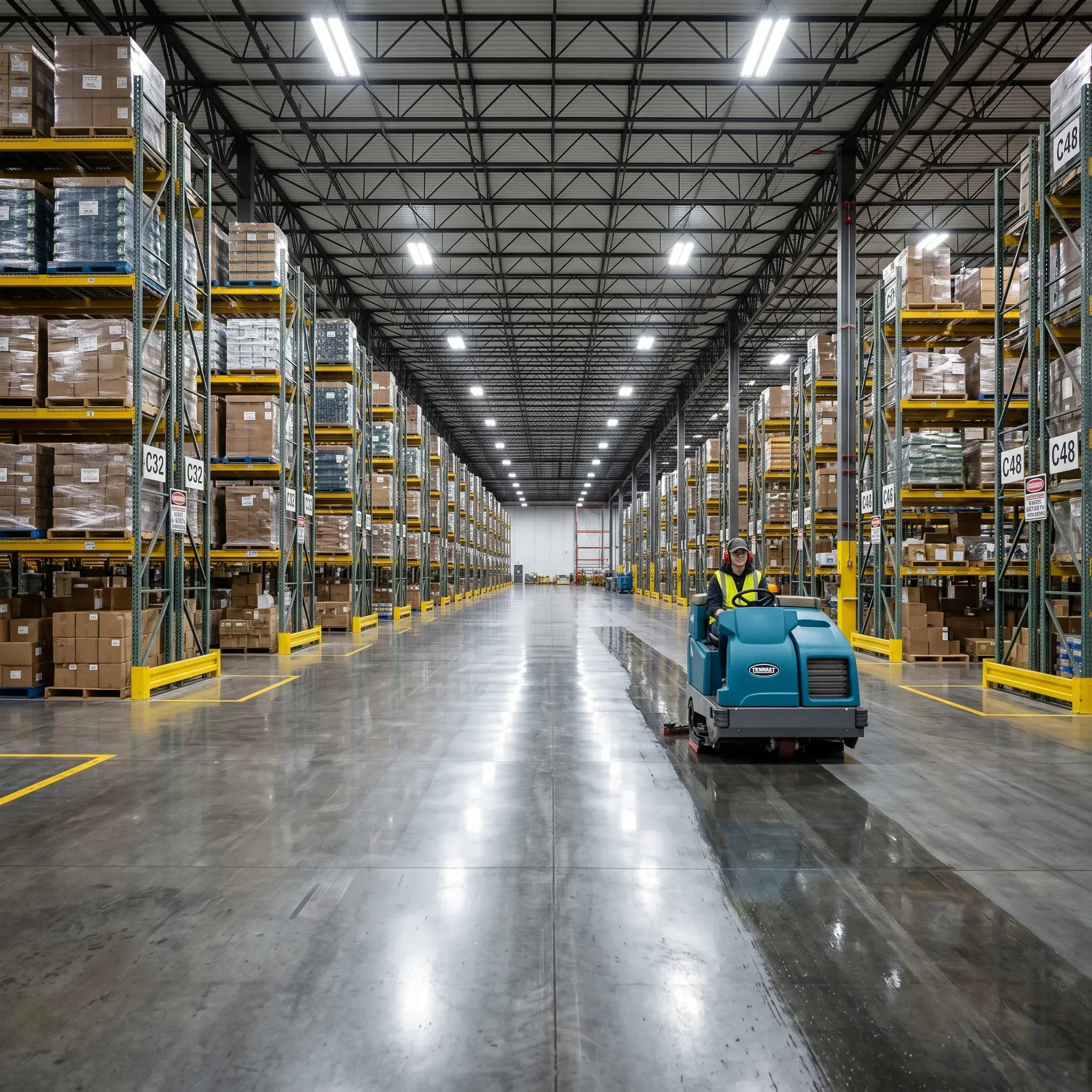Ride-on floor scrubber cleaning a large industrial warehouse floor.